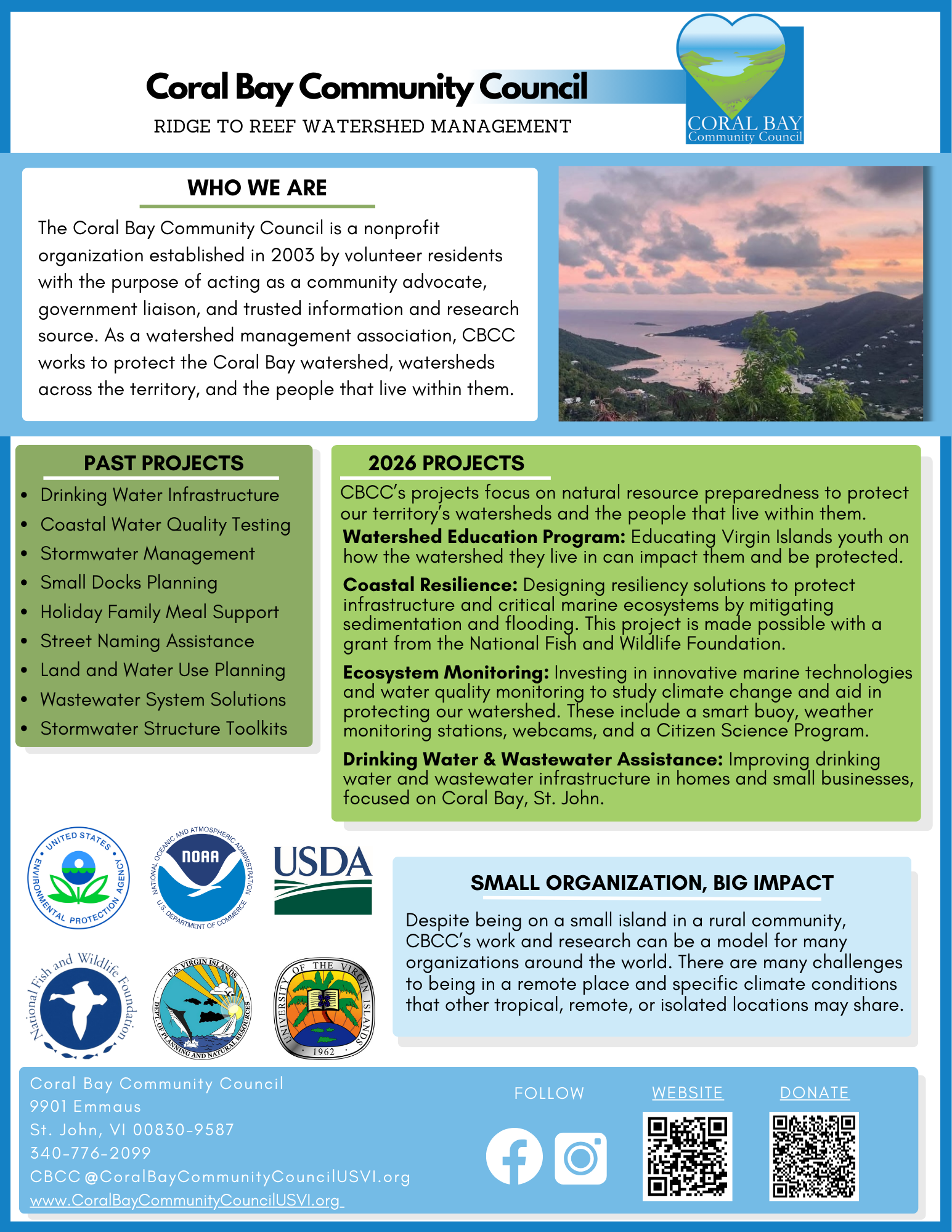 Flyer for Coral Bay Community Council summarizes past projects, 2026 priorities, and the organization's community-focused watershed management initiatives in Coral Bay, St. John, USVI.